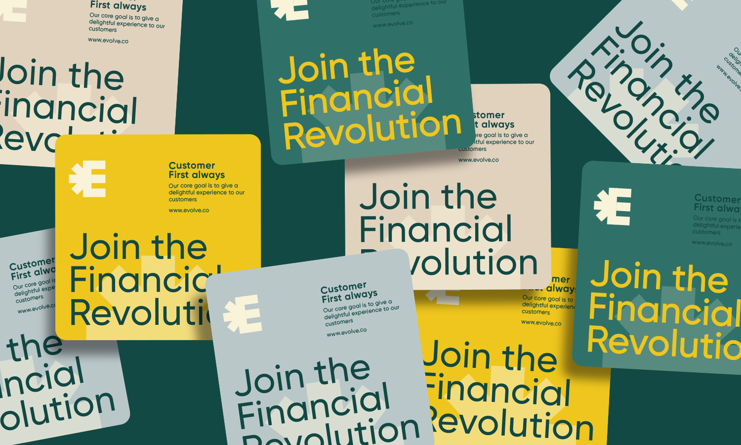 A dynamic, layered promotional campaign featuring overlapping cards and panels in a bold color-blocked design. The composition uses a modern financial services aesthetic with strong typography and a cohesive brand identity system. The staggered arrangement creates depth and visual interest while maintaining clear messaging hierarchy.