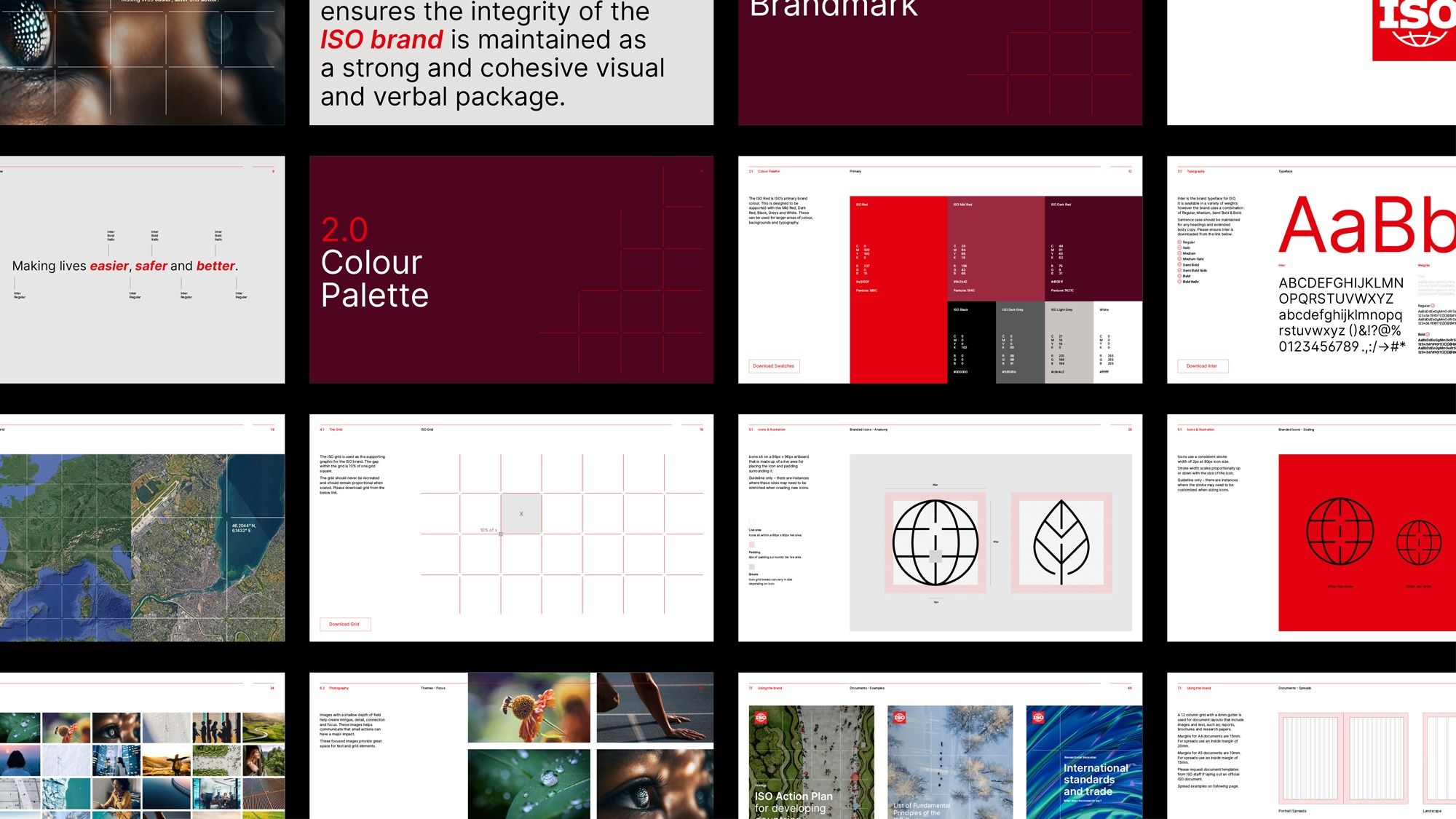 The collection displays a cohesive visual language characterized by strong geometric structures, clean lines, and an assertive color palette dominated by deep reds and blacks. The design emphasizes structure, data presentation, and clear branding through a modular, grid-based composition.