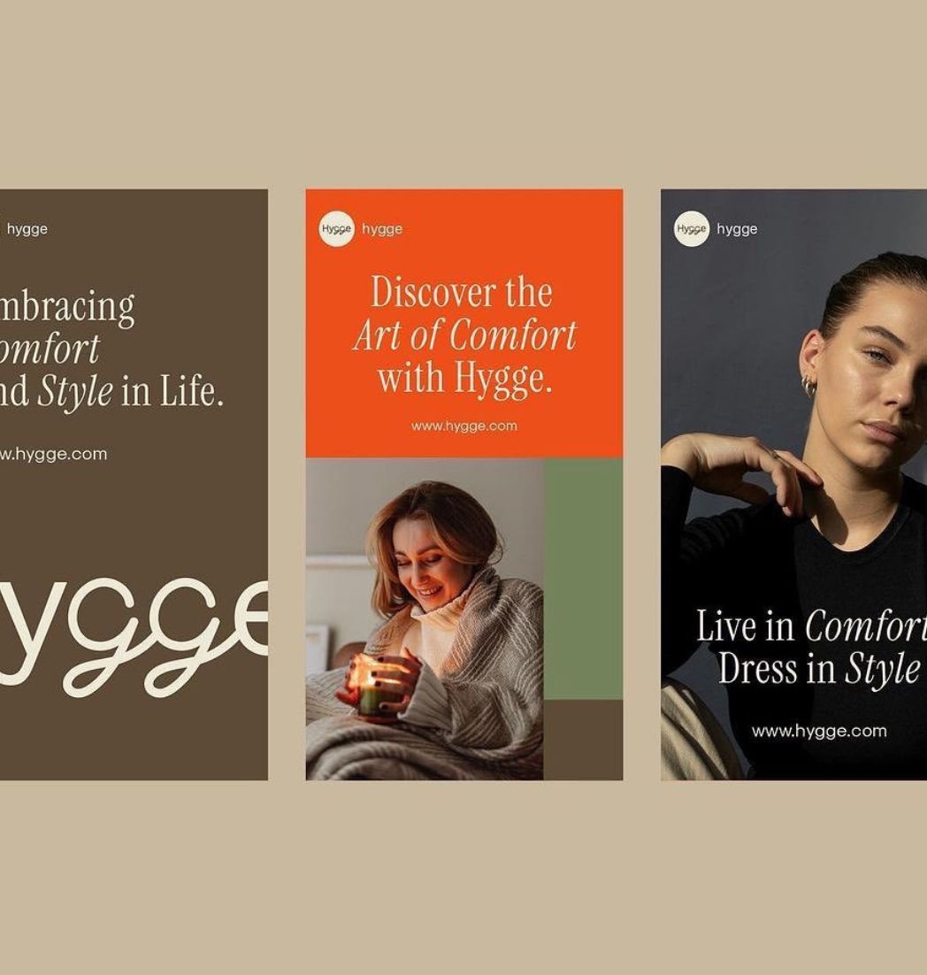 This is a set of three cohesive promotional visuals, likely for a brand named 'hygge,' employing a warm, minimalist aesthetic. The design balances earthy tones with soft photography to evoke feelings of comfort and lifestyle.