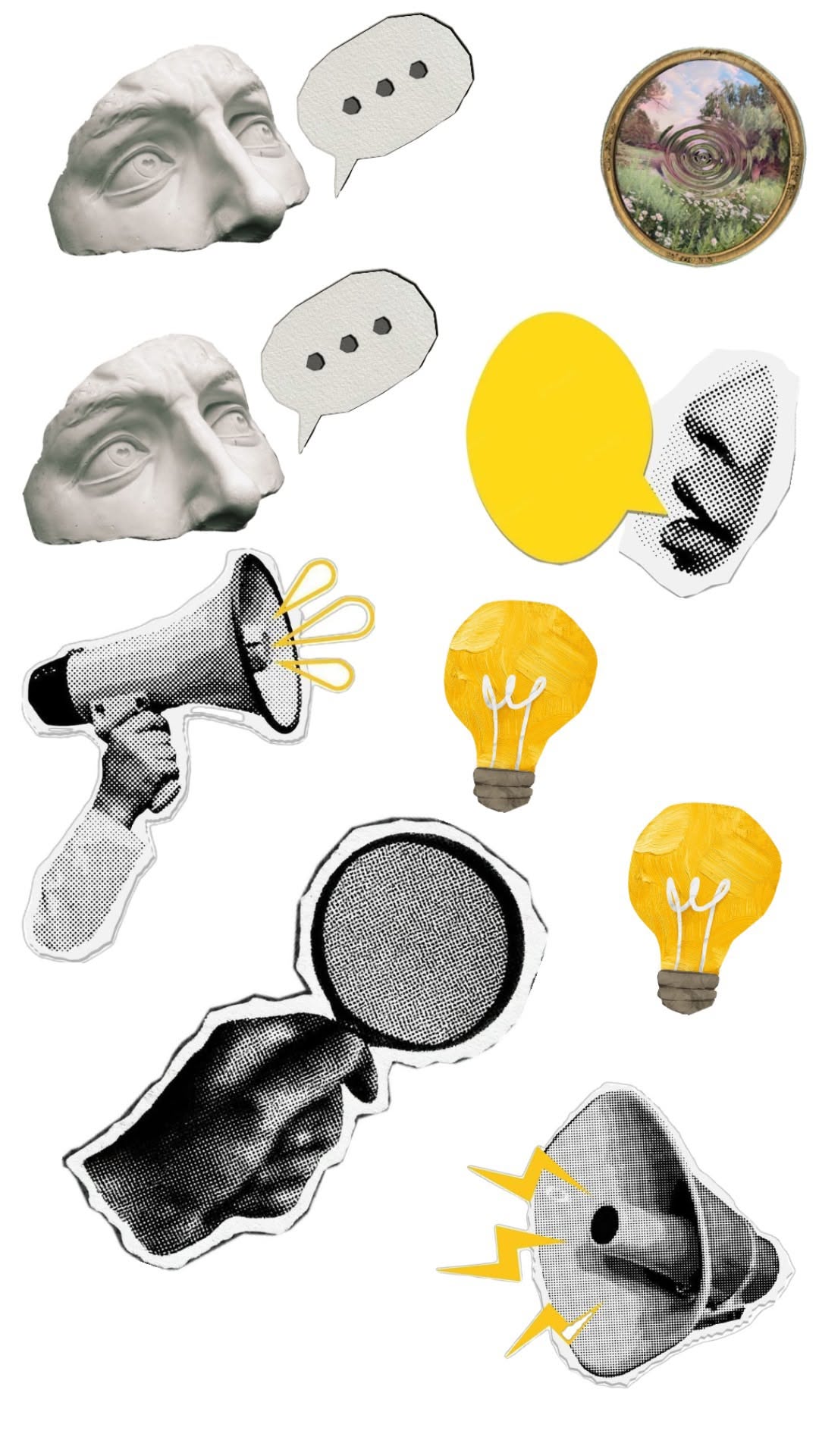 This image is a collection of diverse, hand-drawn or sketch-like illustrations depicting various forms of sound, communication, and light bulbs. The visual language is raw and illustrative, mixing grayscale sketches with bright, solid yellow elements to convey concepts related to ideas and noise.