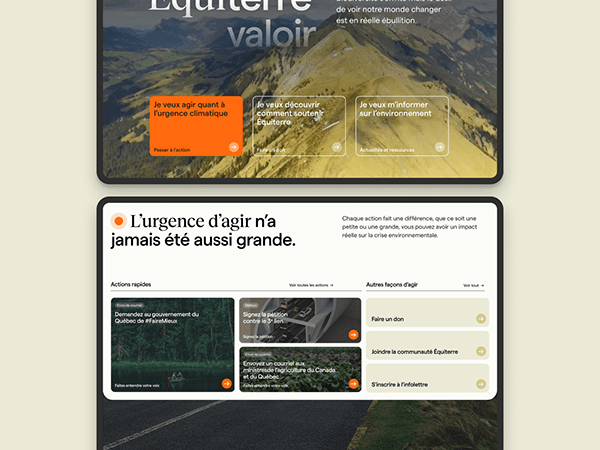 The design employs a strong, nature-based visual metaphor using a dramatic landscape as a backdrop for calls to action. It uses clear segmentation and contrasting color blocks to guide the user toward specific actions related to climate urgency.