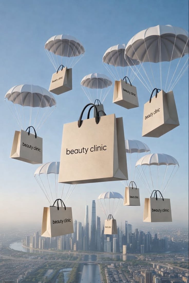 This image employs a surreal and highly commercial visual language, juxtaposing mundane shopping bags with aspirational elements like parachutes over an expansive cityscape. The design creates a dreamlike atmosphere that links the concept of luxury retail with freedom and elevation.
