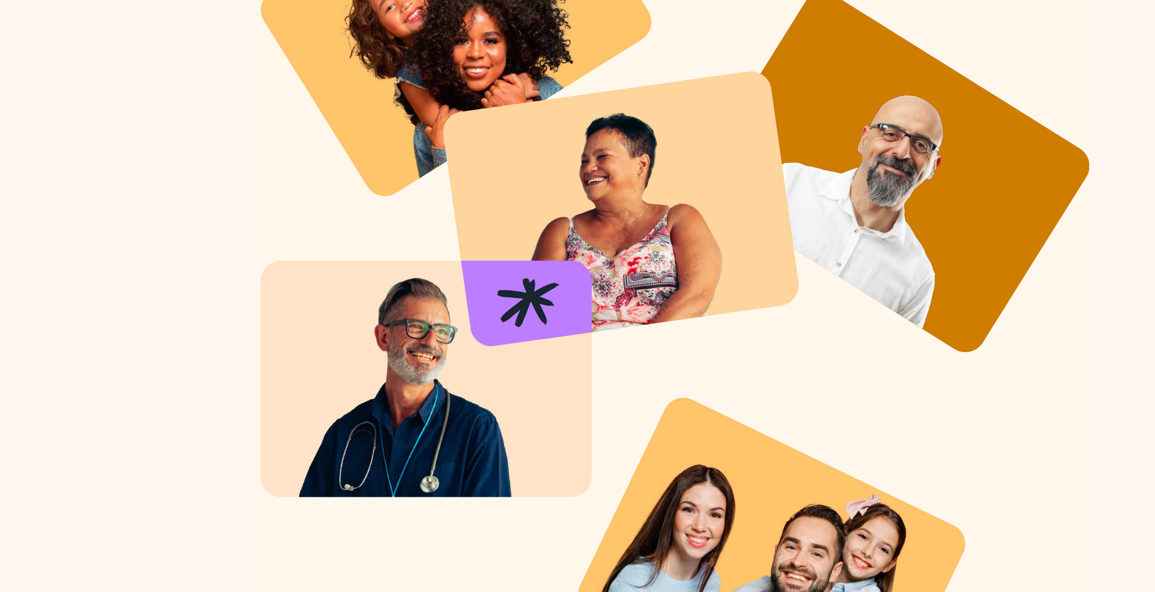 A warm, inclusive collage featuring diverse portraits arranged on overlapping geometric shapes in soft cream and golden tones. The design employs a modern, accessible visual language that celebrates diversity and community through candid, relatable photography.