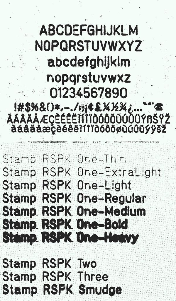 This image presents a stark, utilitarian display of alphanumeric characters and various stamp variations, suggesting a technical or archival context. The design relies heavily on simple, high-contrast text to convey specific designations and weights.