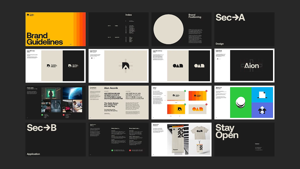 This design set exhibits a clean, modern corporate aesthetic characterized by high contrast and structured modularity. The visual language relies on strong typography and strategic use of color accents to clearly delineate information hierarchy and brand concepts. The overall feel is professional, highly organized, and contemporary.