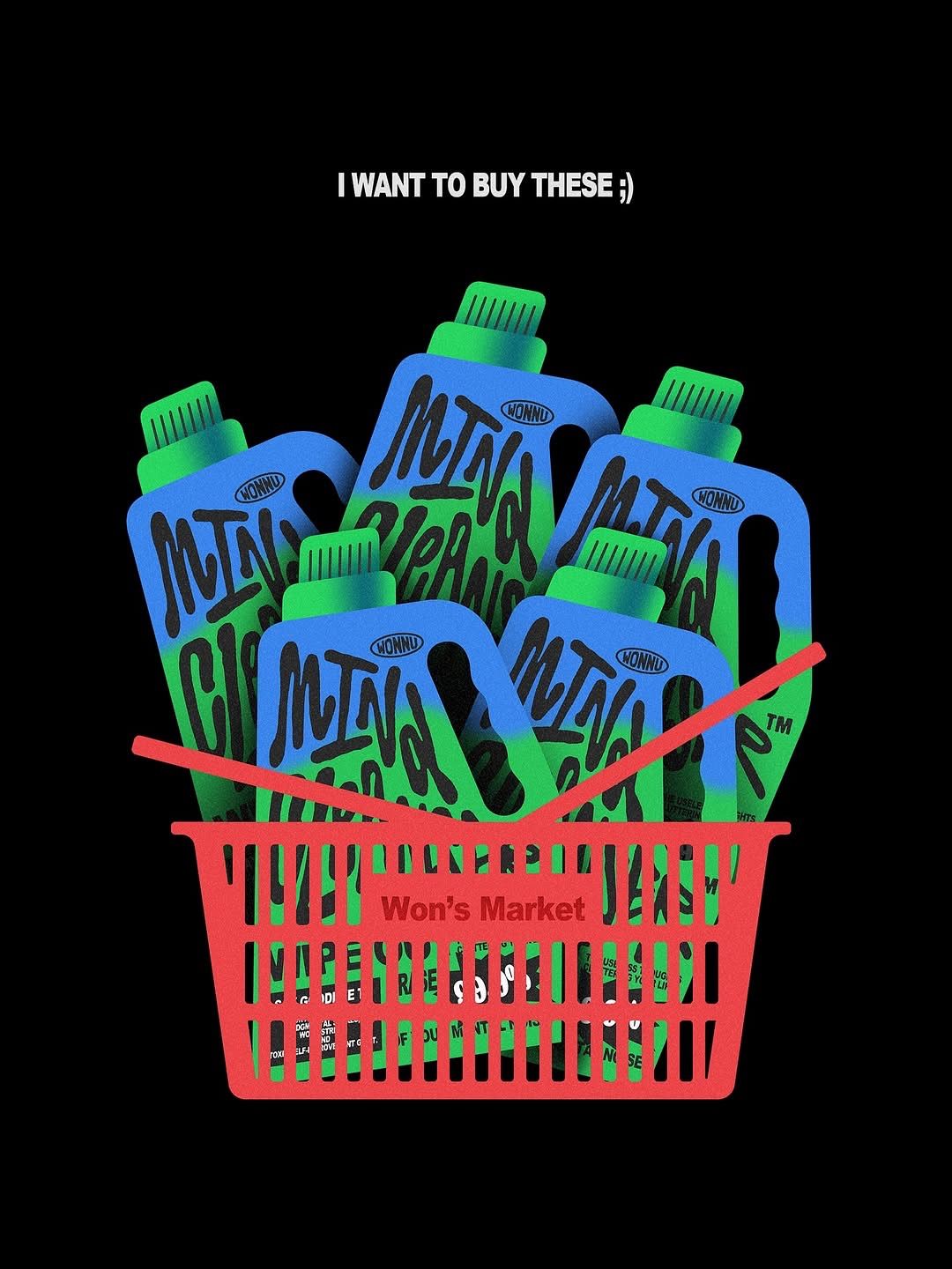 The image features a minimalist, graphic representation of several green bottles, likely representing a product or brand, contained within a red shopping basket. The design uses high contrast and simple shapes to convey a direct message related to purchasing or desire.
