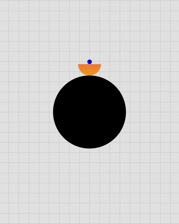 The image presents a minimalist, abstract composition using simple geometric shapes against a light grid background. The design relies on high contrast between the solid black circle and the small, warm-toned element above it, suggesting a clean and modern aesthetic.