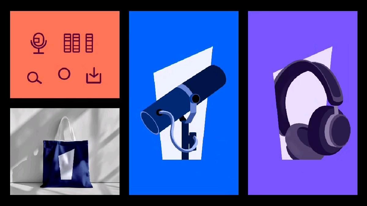 This set of visuals employs a clear, modern flat design language using stark color blocks to highlight distinct concepts. The imagery relies heavily on simple line art and recognizable objects, creating a clean, organized, and professional aesthetic. The combination of technical icons suggests a focus on digital media, audio equipment, and document processing.