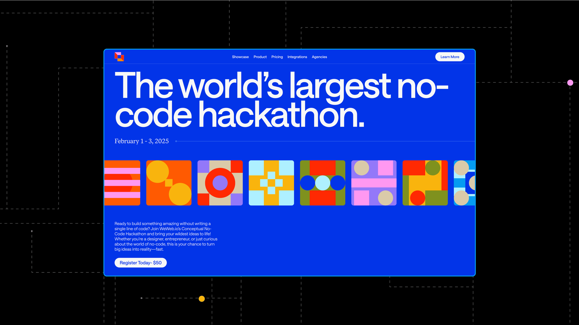 The design is clean, modern, and highly structured, utilizing a strong primary blue color against a dark background. It employs a grid-based layout featuring colorful, abstract geometric shapes to convey innovation and excitement.