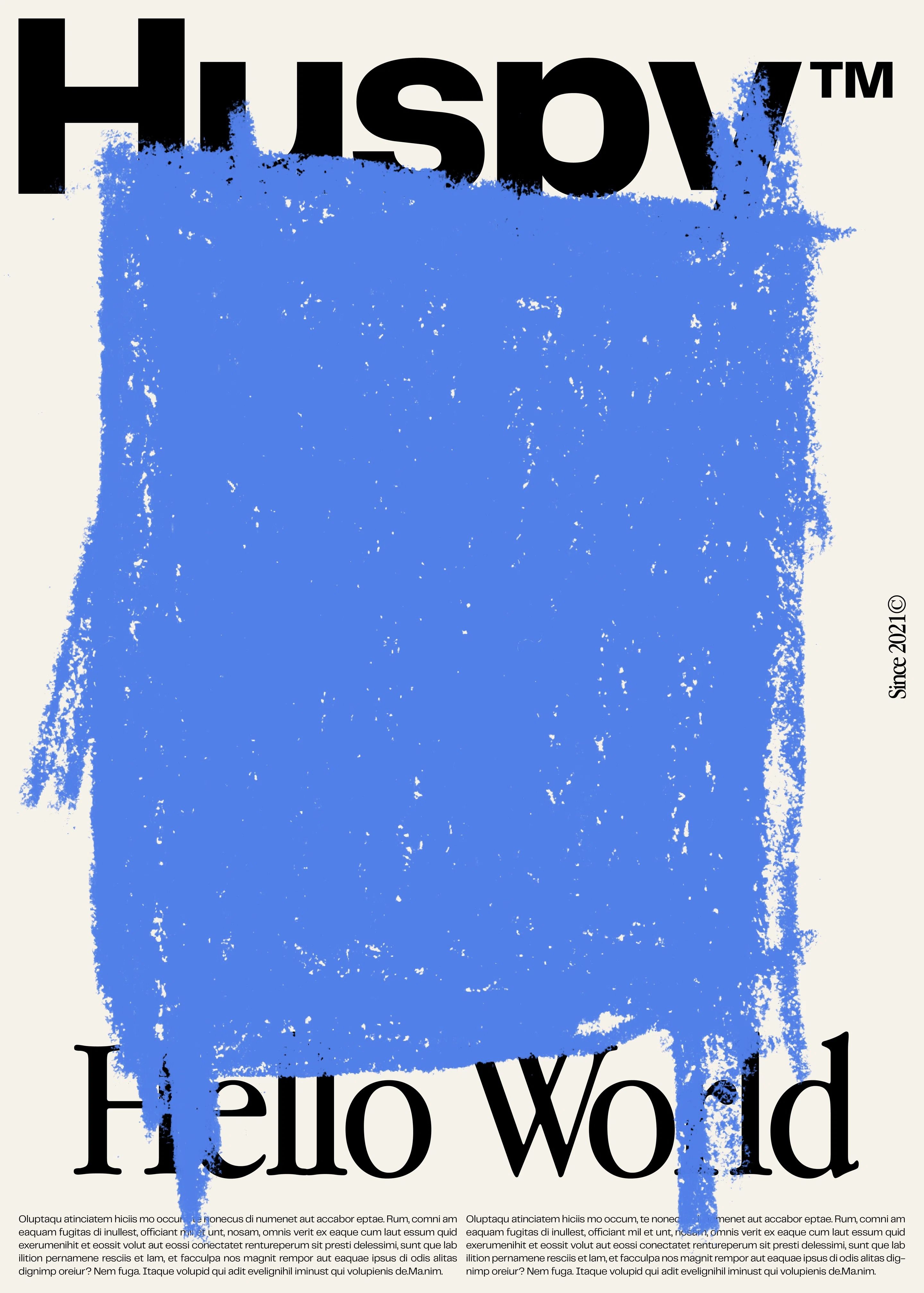 A contemporary design poster featuring bold typography and a distressed blue rectangular form that dominates the composition. The piece combines minimalist Swiss design principles with grunge aesthetics, creating tension between clean typography and textured, weathered elements.