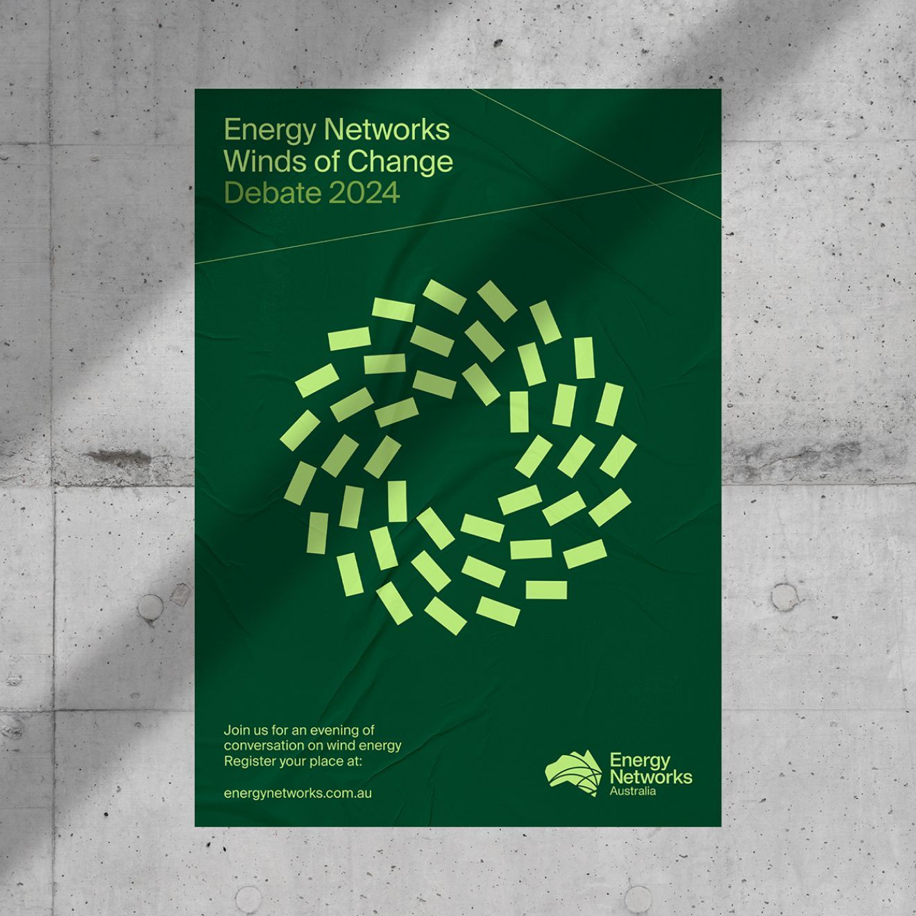 The design is clean, modern, and professional, utilizing a deep green background contrasted with bright lime green elements. It conveys a sense of environmental focus and forward-thinking debate.