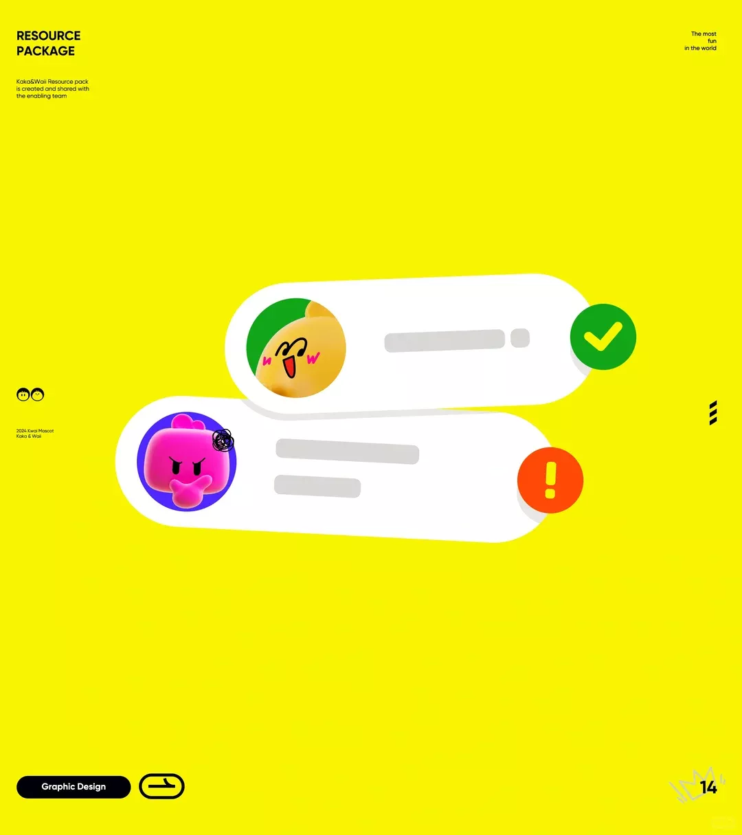 The design utilizes a bright, high-contrast yellow background with clean, minimalist white elements to present information in a card or package format. The visual language is modern and playful, employing simple icons and clear positive/negative feedback indicators.