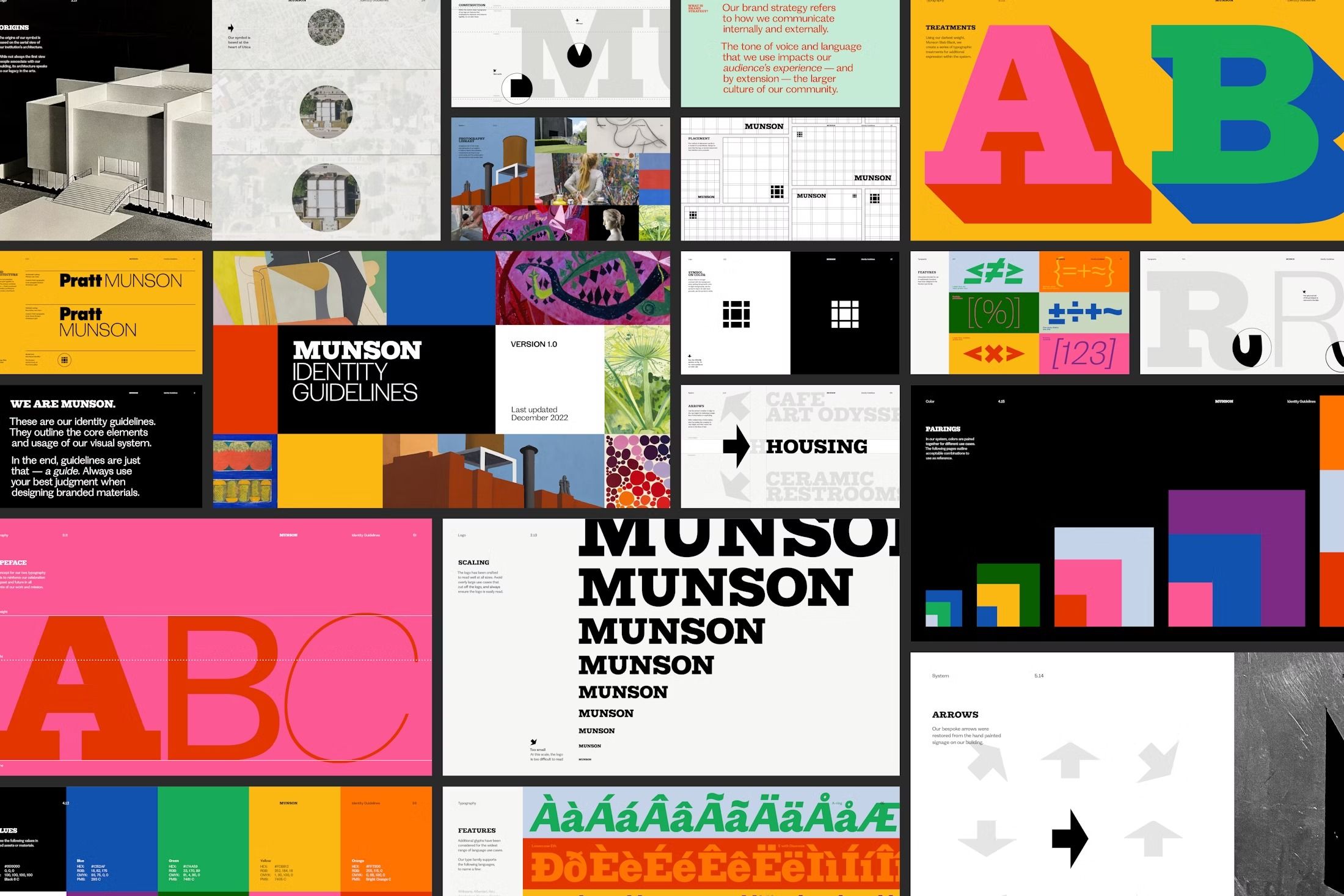 This image presents a modular grid showcasing various elements of graphic design and brand identity systems, characterized by clean lines and bold color blocking. The visual language is modern and corporate, emphasizing structure, hierarchy, and the application of color theory in a systematic way.