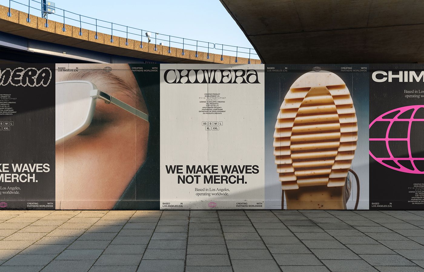 The image displays a series of large, minimalist billboards or panels featuring high-contrast photography and stark typography. The design employs a clean, modern aesthetic with strong graphic elements that focus on the product's core concept—waves and texture.
