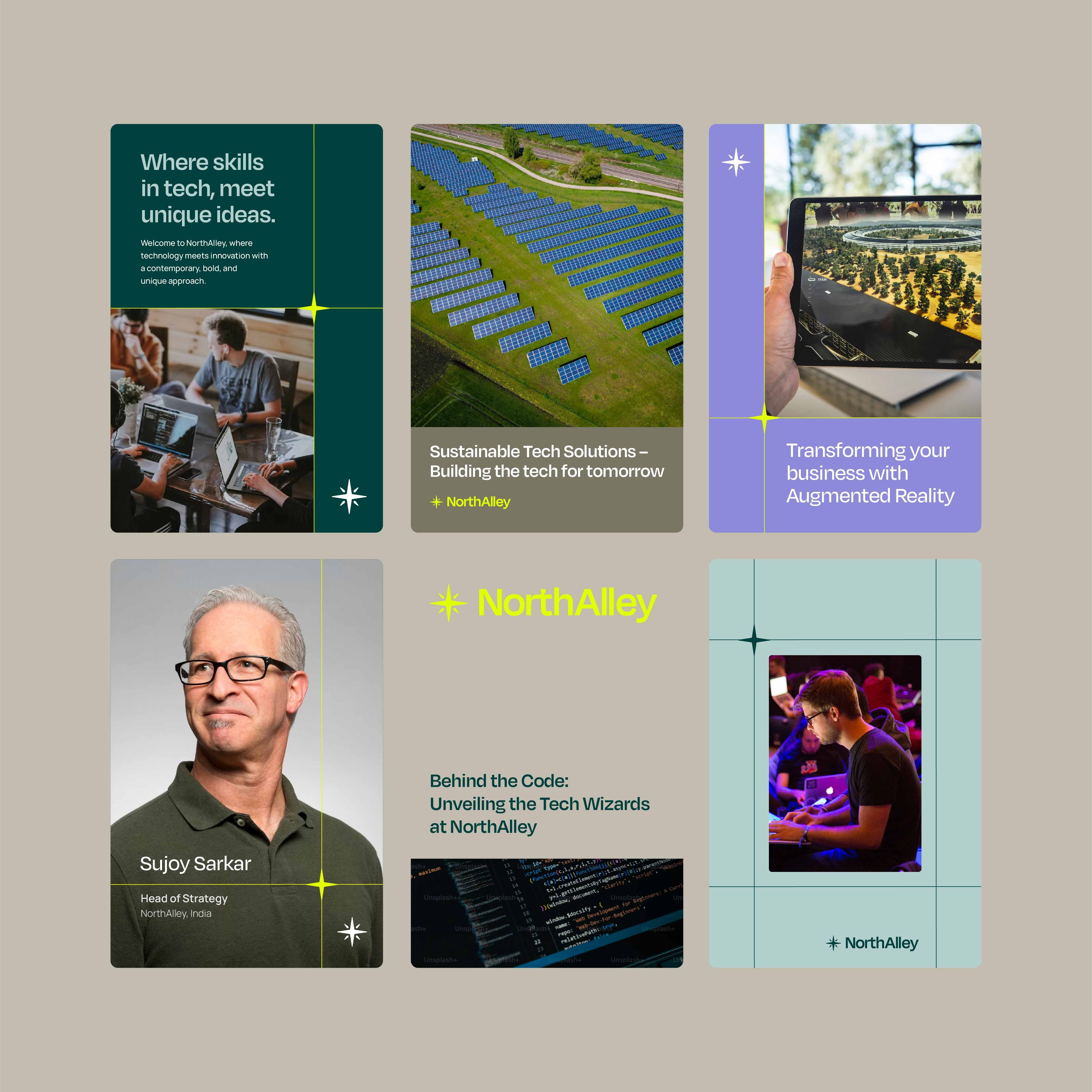 A modern grid-based layout showcasing tech industry content with a sophisticated color palette of muted earth tones, vibrant accents, and strategic photography. The design balances professional imagery with contemporary typography and geometric card compositions, creating a cohesive brand experience for a technology-focused organization.