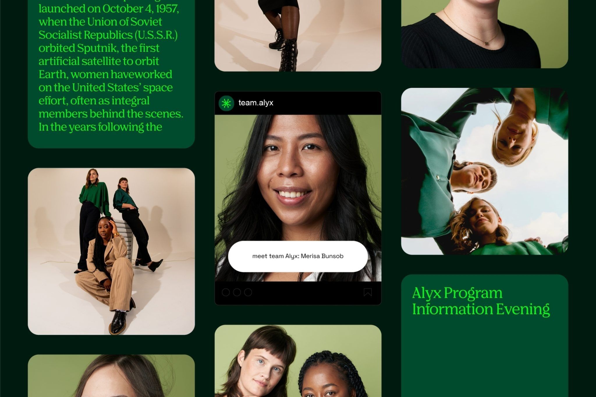 This is a professional, modular design utilizing a deep green palette and high-quality photography to celebrate historical achievements and individual contributions. The visual language is clean and editorial, successfully blending scientific history with personal portraiture.