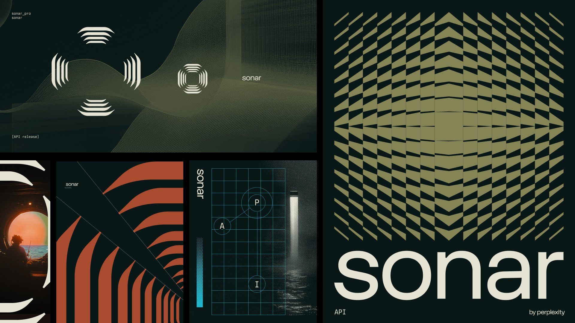 The image presents a dark, modern, and technical aesthetic dominated by muted olive greens and deep charcoal tones. It uses geometric patterns and subtle light effects to convey a sense of advanced technology, data visualization, or sonar imaging.