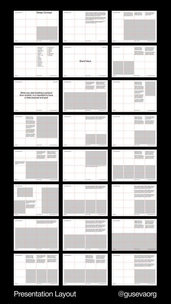 A comprehensive grid showcasing multiple presentation layout templates with a minimalist, professional aesthetic. The design system demonstrates various configurations of text, imagery, and whitespace across standardized slide formats, emphasizing clean typography and balanced composition.