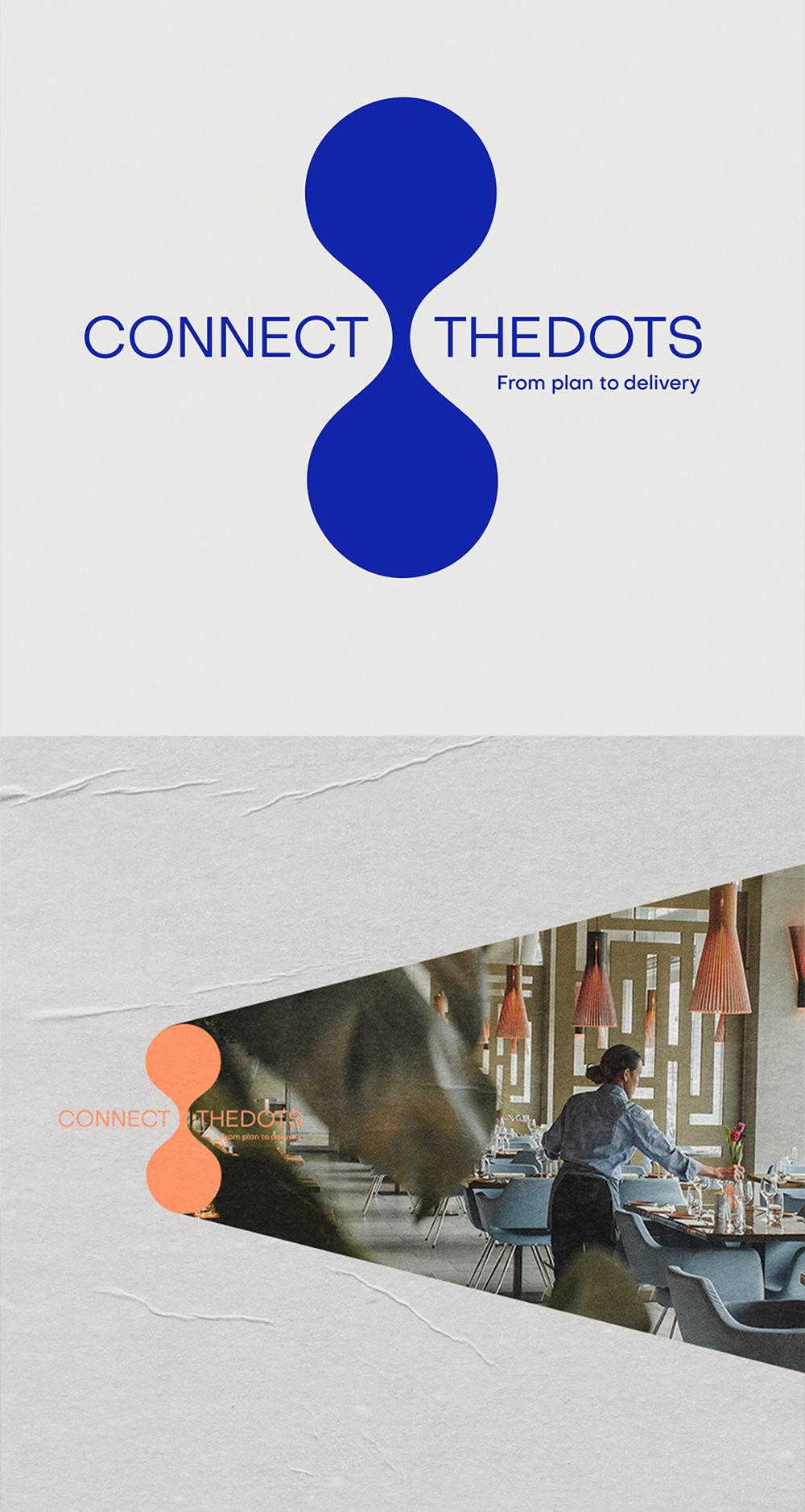 The design features a clean, minimalist aesthetic dominated by deep blue shapes and simple typography. It conveys a sense of professional connection and streamlined service, utilizing negative space effectively to draw focus.