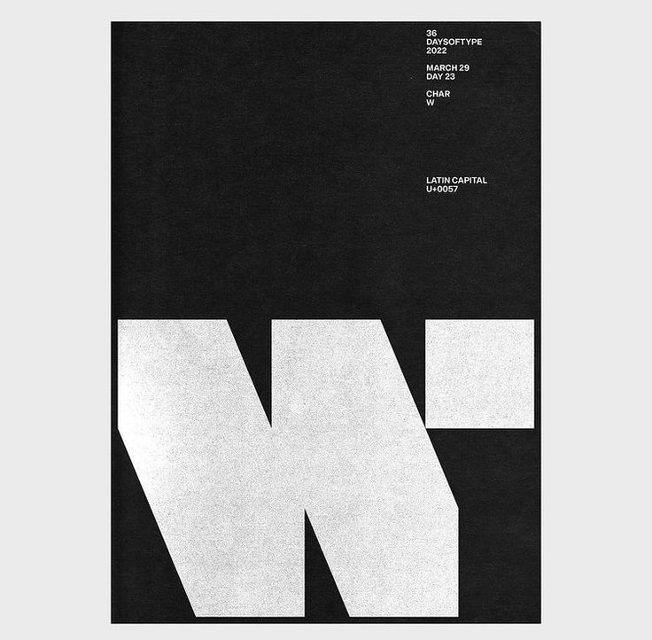 A bold, minimalist poster featuring a large white geometric letterform against a dark charcoal background. The design employs stark contrast and clean typography with sparse text elements positioned in the upper right, creating a striking modernist composition with architectural precision.