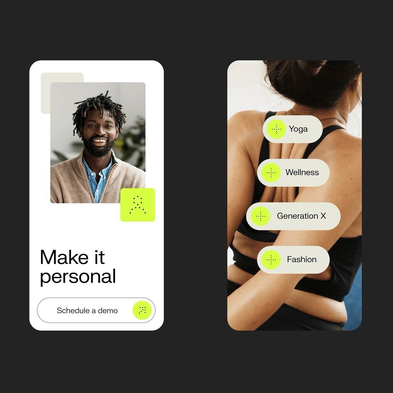 The image presents a clean, modern interface design featuring two distinct visual components. The left panel is a profile card with a portrait and a call-to-action, while the right panel showcases service categories using bright, rounded tags against a muted background. The overall aesthetic is professional and wellness-oriented.