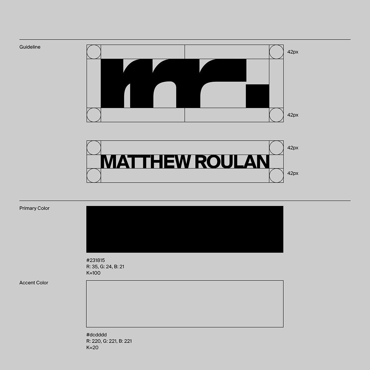 A minimalist brand identity guideline showcasing a geometric logo mark and typography system with strict spatial constraints. The design employs high contrast black and white elements with a clean, modern aesthetic emphasizing precision and professional branding standards.