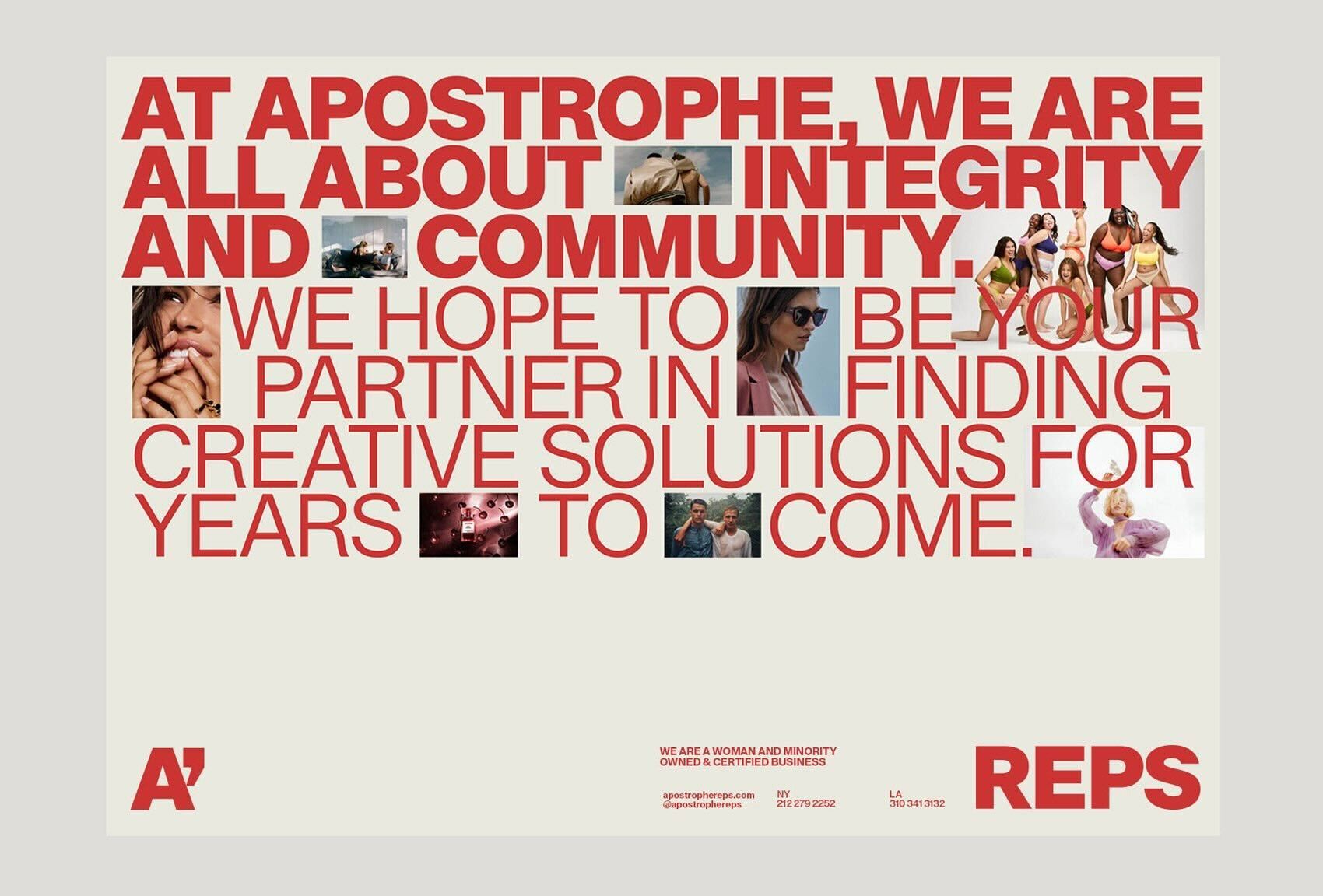 A bold, contemporary design statement combining large-scale typography with embedded photographic elements. The layout uses a striking red color palette against a neutral beige background, creating a confident and modern visual identity that emphasizes community and partnership values.