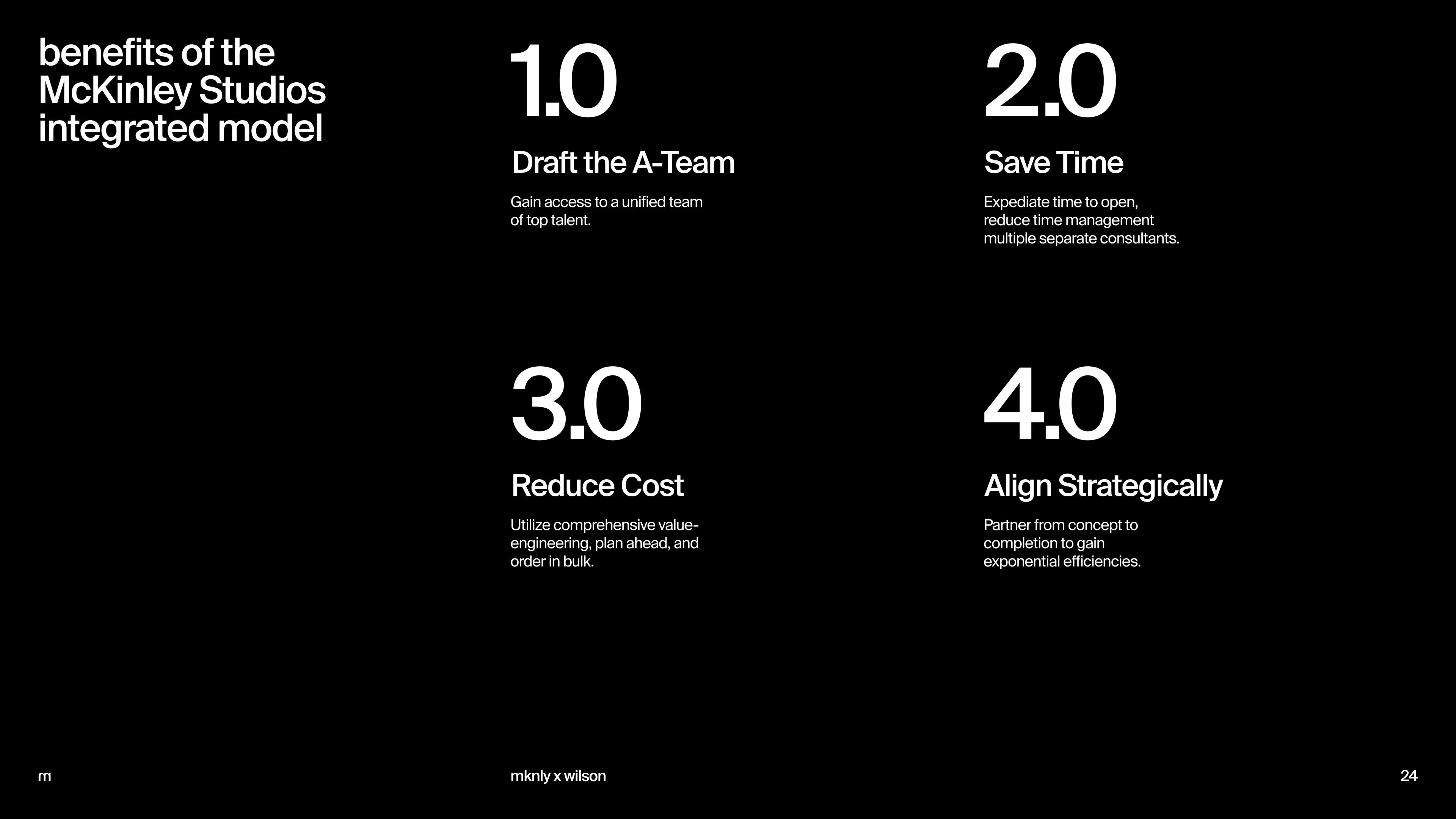 This slide employs a stark, minimalist design characterized by high contrast and clear hierarchy to present structured information. The visual language is clean and professional, relying heavily on ample negative space to emphasize key concepts. The overall feel is modern, corporate, and highly organized.