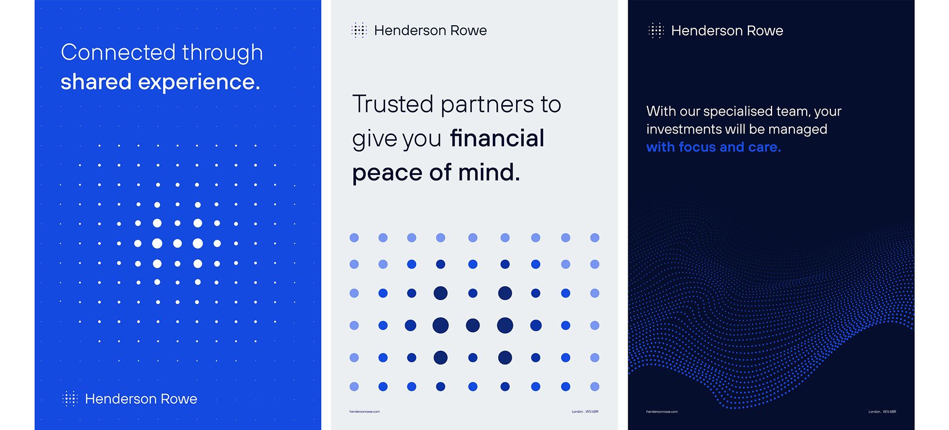This design utilizes a cool, deep blue palette and geometric dot patterns to create a clean, modern, and trustworthy visual language. The layout is modular and segmented into clear vertical panels, effectively conveying stability and professional expertise through balanced negative space.