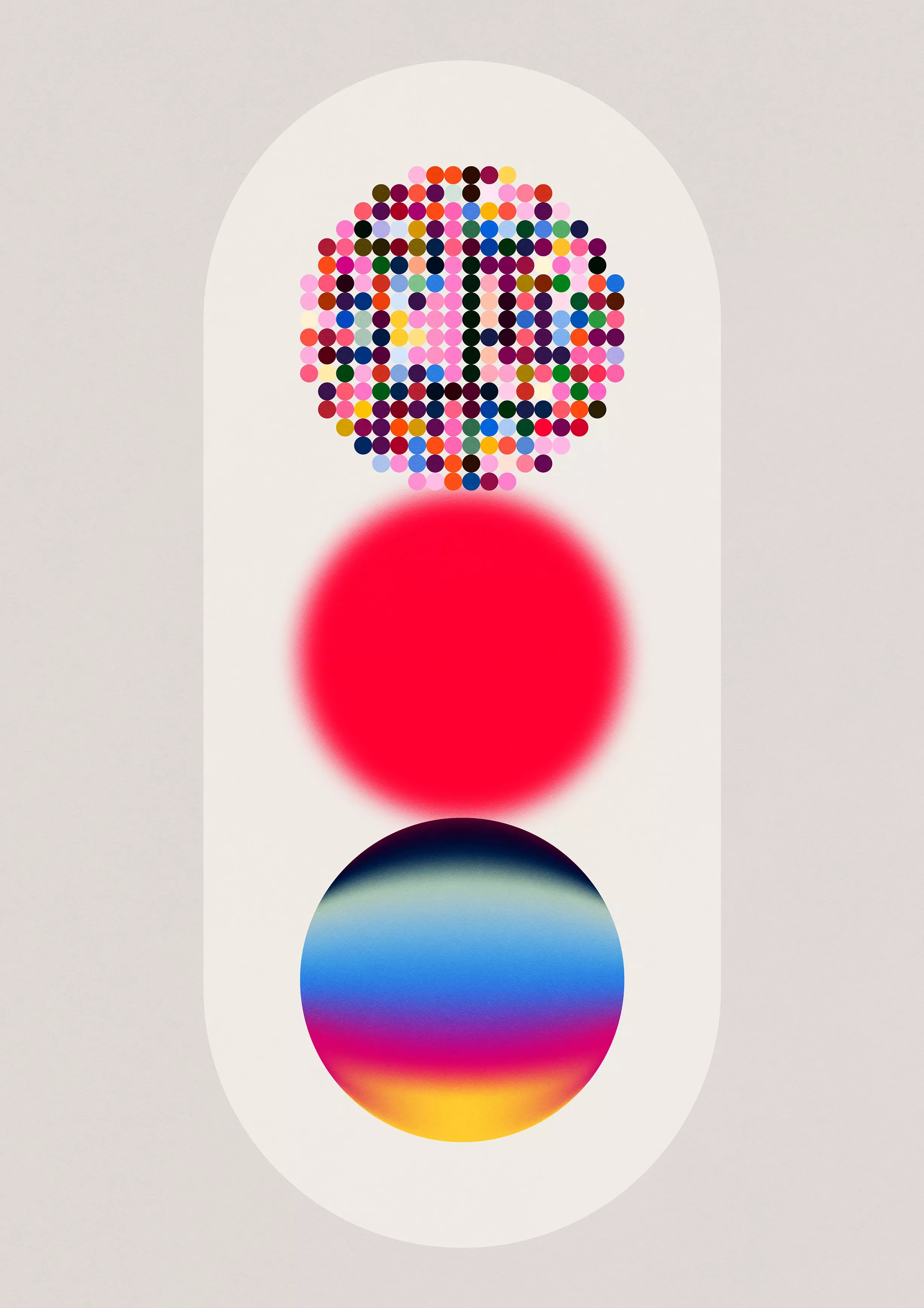 This design utilizes a clean, minimalist structure to present a vibrant study in color and texture. The composition effectively layers solid shapes, granular dots, and smooth gradients within a soft oval boundary, creating visual depth and dynamic contrast.