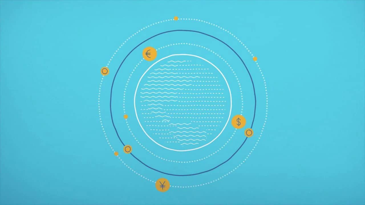 This is an abstract, circular infographic design utilizing concentric rings and dotted lines to represent concepts, likely related to finance or data flow. The clean lines and light blue background create a modern, organized, and somewhat technical visual language.