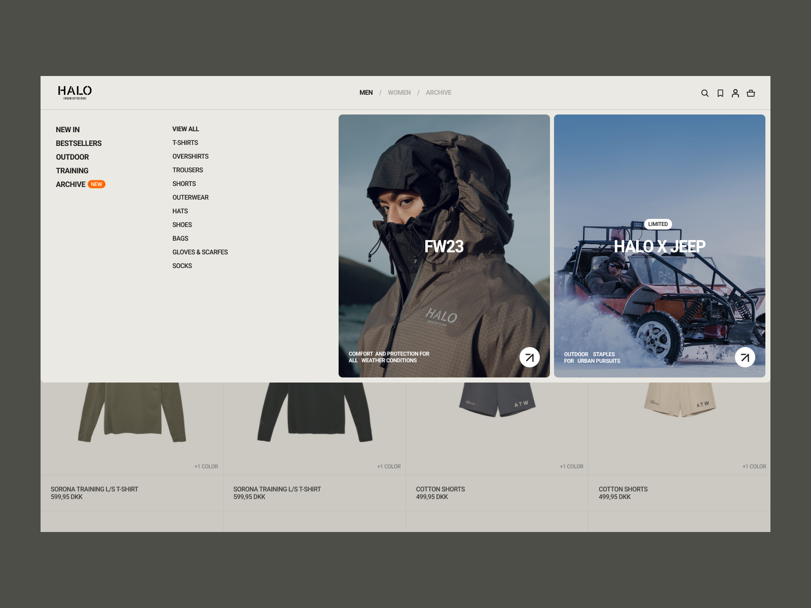 The image presents a clean, minimalist e-commerce interface for outdoor or technical apparel, characterized by muted tones and clear product photography. The visual language is functional and direct, emphasizing the product's utility through high-contrast yet subdued presentation.