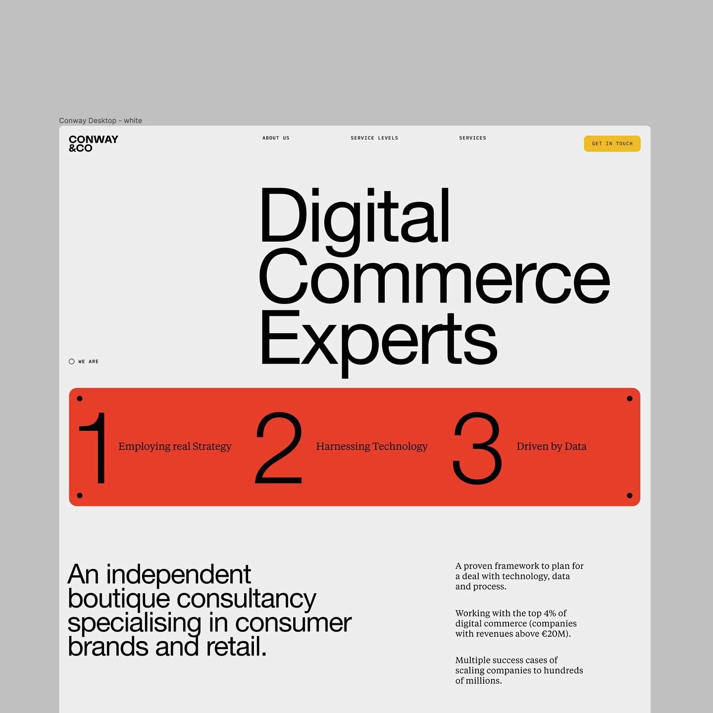 The design exhibits a highly professional and modern aesthetic, utilizing high contrast and ample white space to convey expertise. The visual language is clean and structured, effectively guiding the user through a clear hierarchy of information, emphasizing trust and competence.