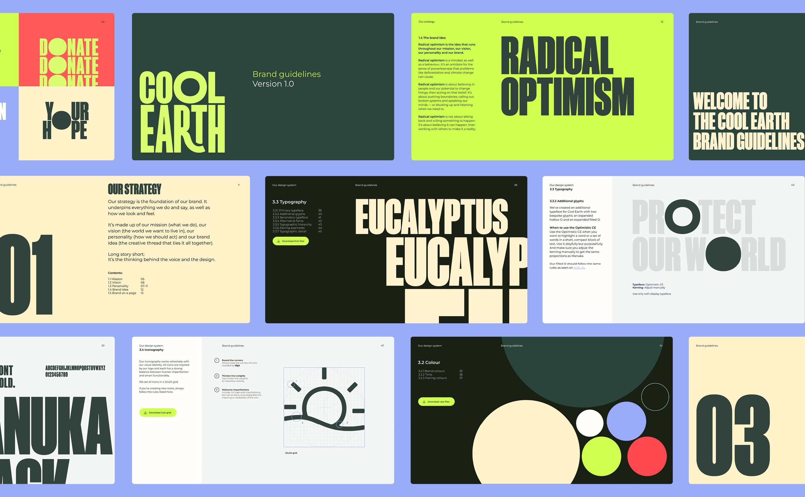 This collection showcases a modern, high-contrast design language characterized by bold typography and vibrant accent colors against dark backgrounds. The visual language is clean, structured, and energetic, successfully conveying a sense of optimism and strong brand identity.