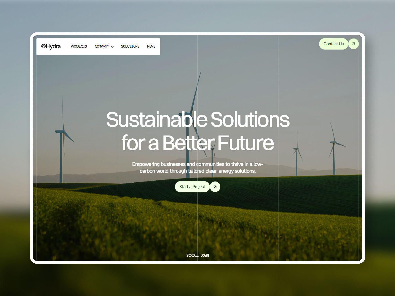 The design features a clean, modern aesthetic dominated by soft greens and muted grays, utilizing a horizontal composition that emphasizes renewable energy infrastructure against a subtle gradient background. The visual language is professional, hopeful, and environmentally conscious.