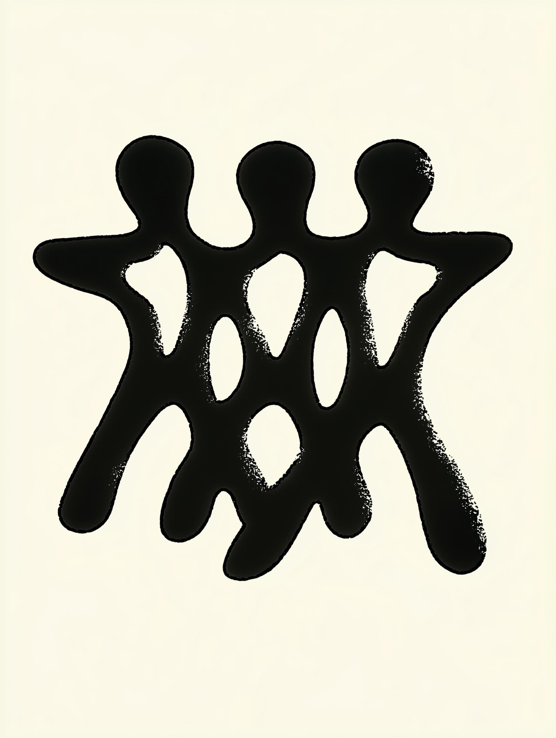 This is a striking graphic composition utilizing solid black silhouettes to define abstract, organic human forms. The design relies heavily on negative space, creating a sense of connection and fragility through the interplay of solid mass and open void. The visual language is clean, modern, and deeply textural.