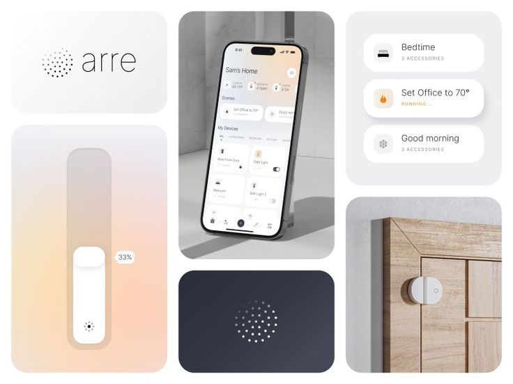 The image presents a clean, minimalist interface design focused on smart home technology, characterized by soft gradients and ample white space. The visual language is modern and sophisticated, emphasizing intuitive interaction through simple icons and clear typography.