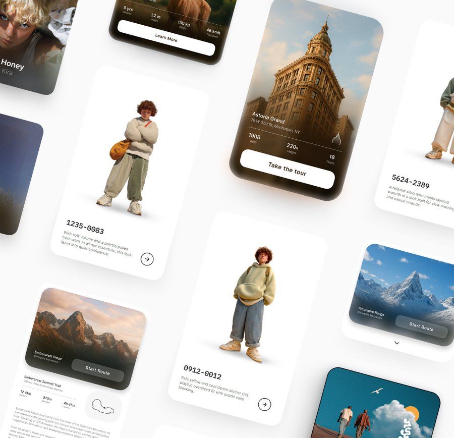 The image displays a collection of mobile application screens or cards, characterized by a clean, modern, and somewhat earthy aesthetic. The design emphasizes high-quality photography, clear iconography, and a muted color palette to convey a sense of adventure or guided experience.