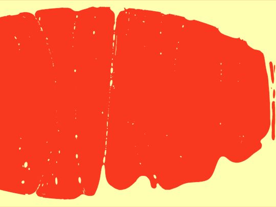 This image features a bold, textured block of vibrant red against a pale yellow background. The design utilizes rough, distressed edges and visible brushstrokes, giving it an organic, hand-crafted feel.