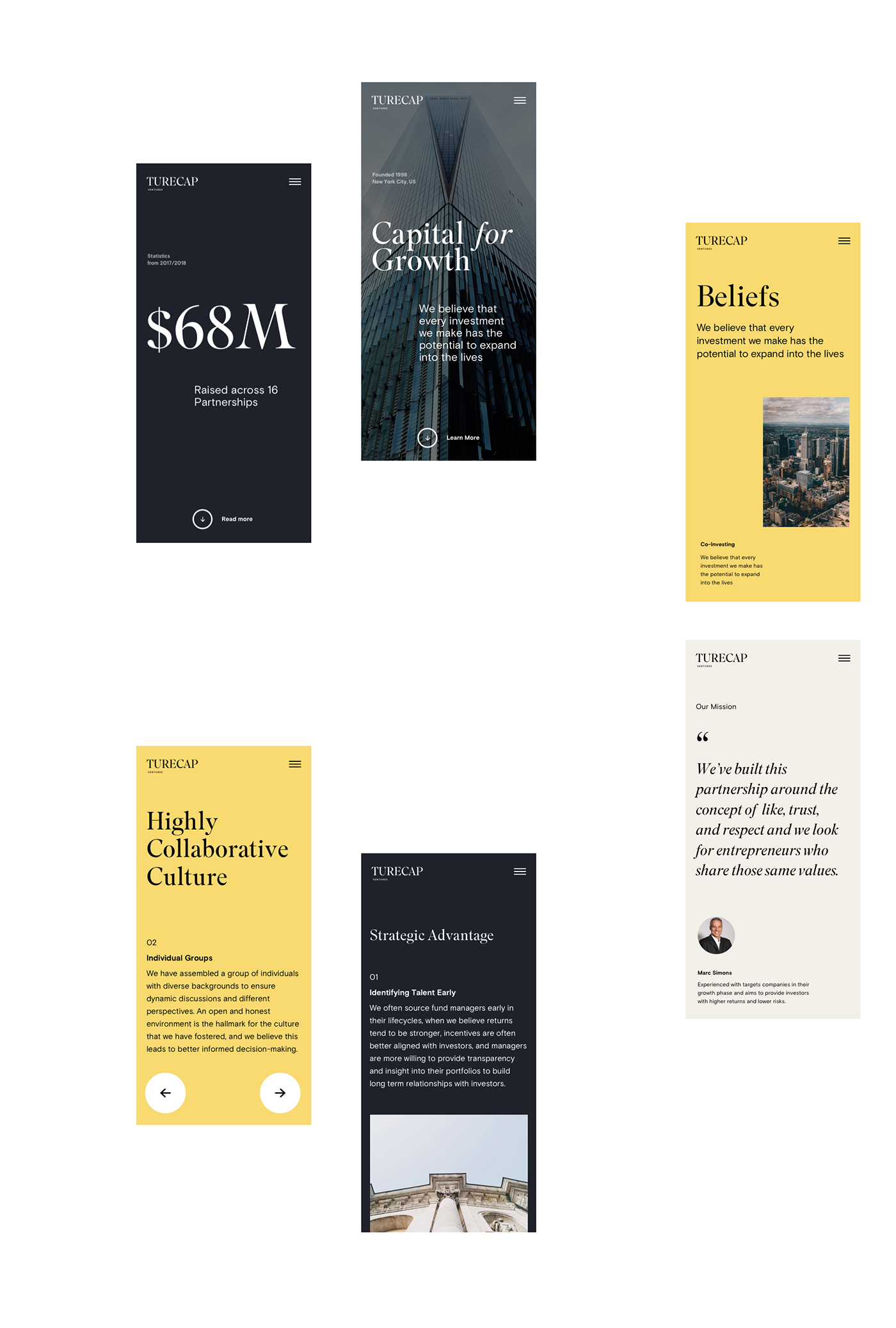 The image displays a series of clean, modern, and professional pitch deck or corporate presentation slides. The design relies heavily on dark backgrounds, minimalist typography, and strategic use of muted tones to convey seriousness and growth.
