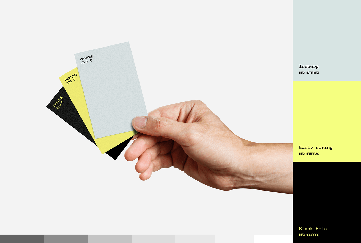 This image presents a minimalist and clean design study, focusing on the interplay between solid blocks of color and subtle textual information. The visual language is stark, relying on high contrast between white, yellow, and black elements to create a modern and precise aesthetic.