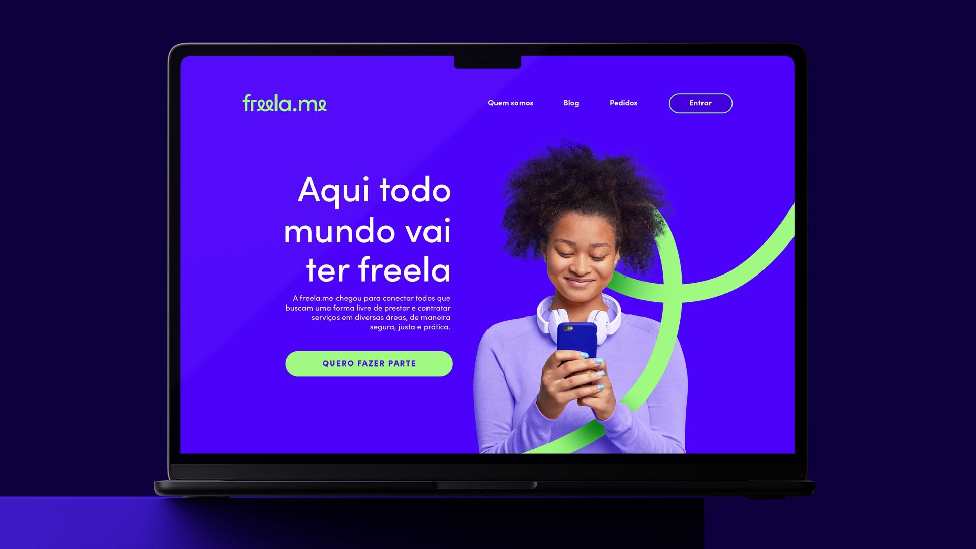 The design features a vibrant, modern interface dominated by deep purple and bright cyan accents, conveying a professional yet inviting digital platform feel. The layout is clean and focused, centering the main message around a friendly, engaging visual of a person.