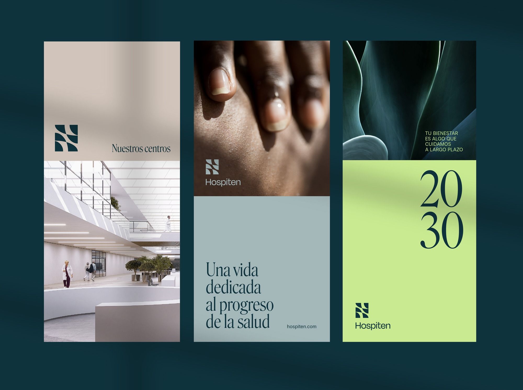 This design utilizes a sophisticated, minimalist aesthetic combining soft photographic elements with geometric layouts and muted tones. The visual language emphasizes professionalism, trust, and a clean, modern approach suitable for an institutional brand.