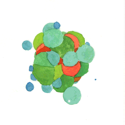 This image is an abstract, organic composition featuring overlapping, irregularly shaped circles in various shades of green and blue. The visual language is soft, fluid, and reminiscent of cellular structures or natural elements. It conveys a sense of gentle complexity and organic movement.