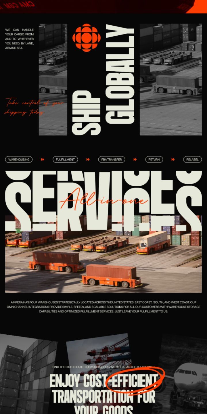The image presents a bold, industrial, and professional visual identity, utilizing strong typography and muted tones to convey global shipping services. The design is direct and emphasizes capability and scale through large text and photographic elements.
