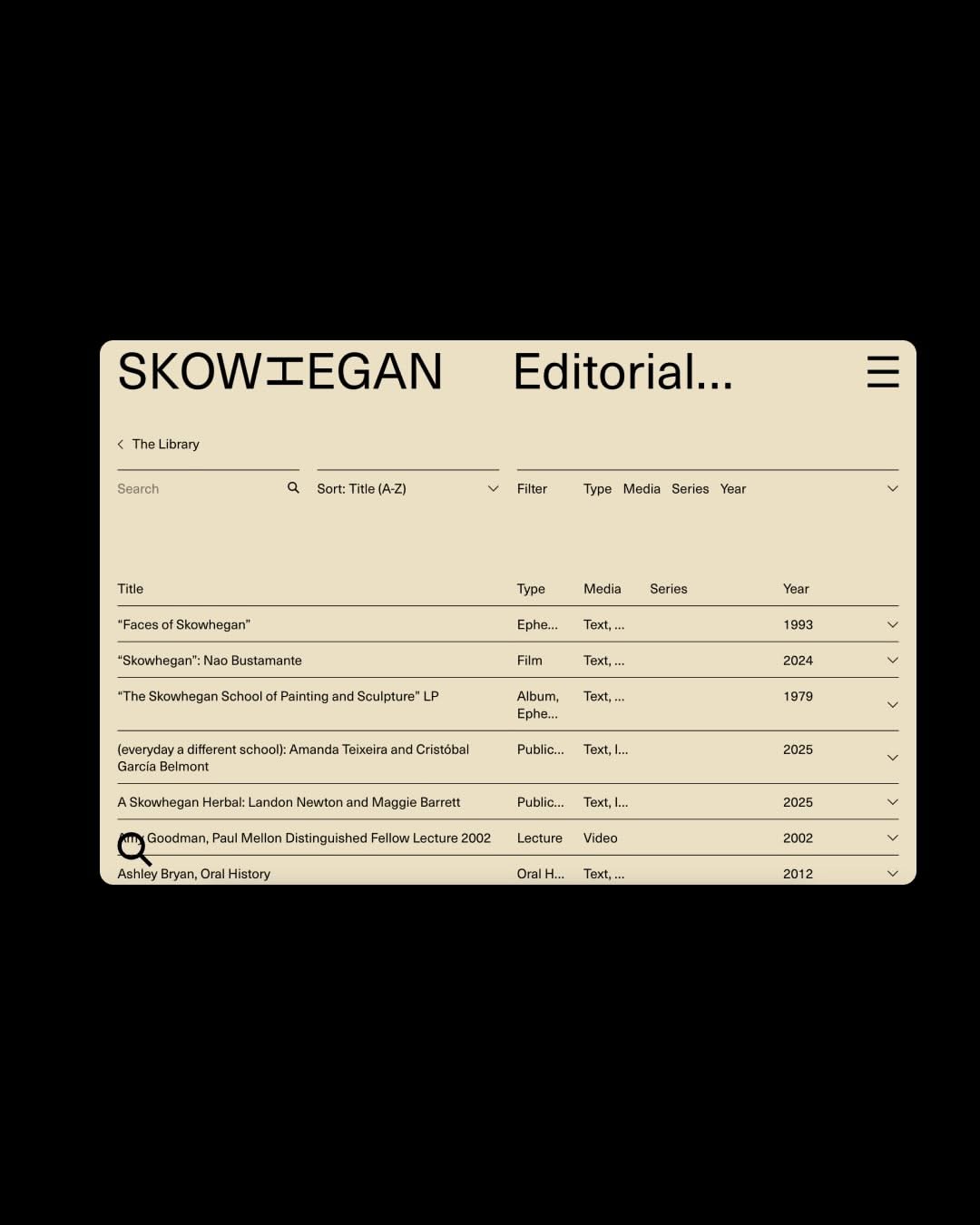 A minimalist digital interface displaying an editorial library or archive catalog with a clean, modernist aesthetic. The design features a beige background with black typography and a structured table layout, evoking early web design and institutional digital systems. The interface prioritizes information hierarchy and accessibility through restrained visual elements.