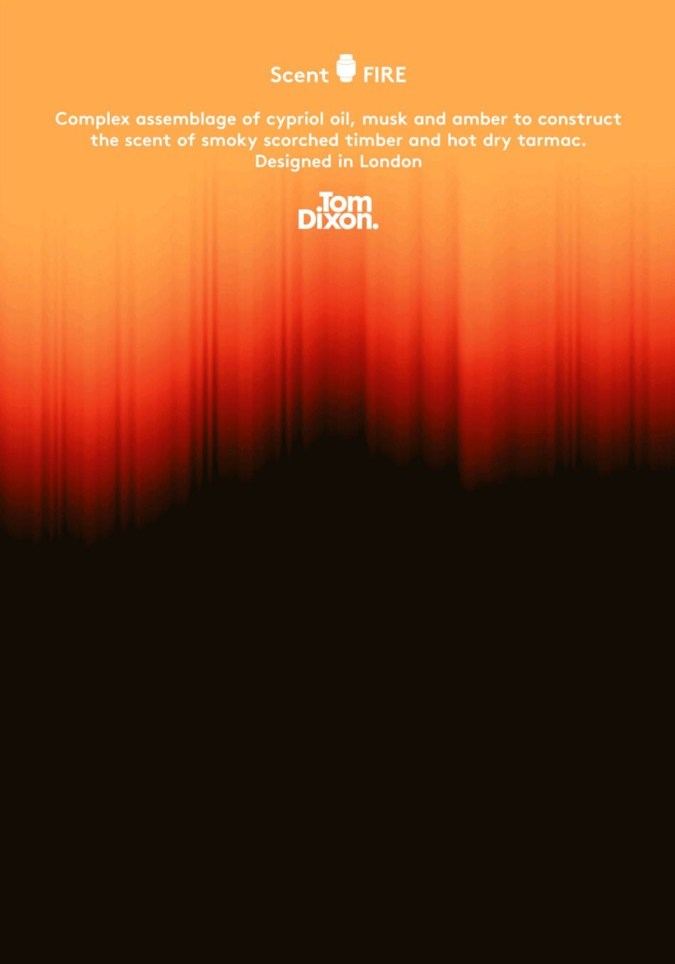 The design features a dramatic, vertical gradient transitioning from bright orange/red at the top to deep black at the bottom, evoking intense heat or fire. The composition is minimalist and relies heavily on color and light/shadow contrast to create a powerful, atmospheric effect.