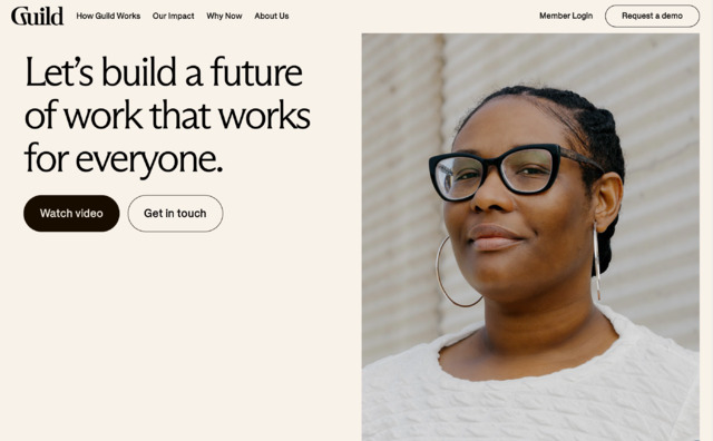 A modern, minimalist landing page featuring a split-screen layout with bold serif typography on the left and a portrait photograph on the right. The design emphasizes inclusivity and professionalism through clean composition, neutral tones, and accessible visual hierarchy.