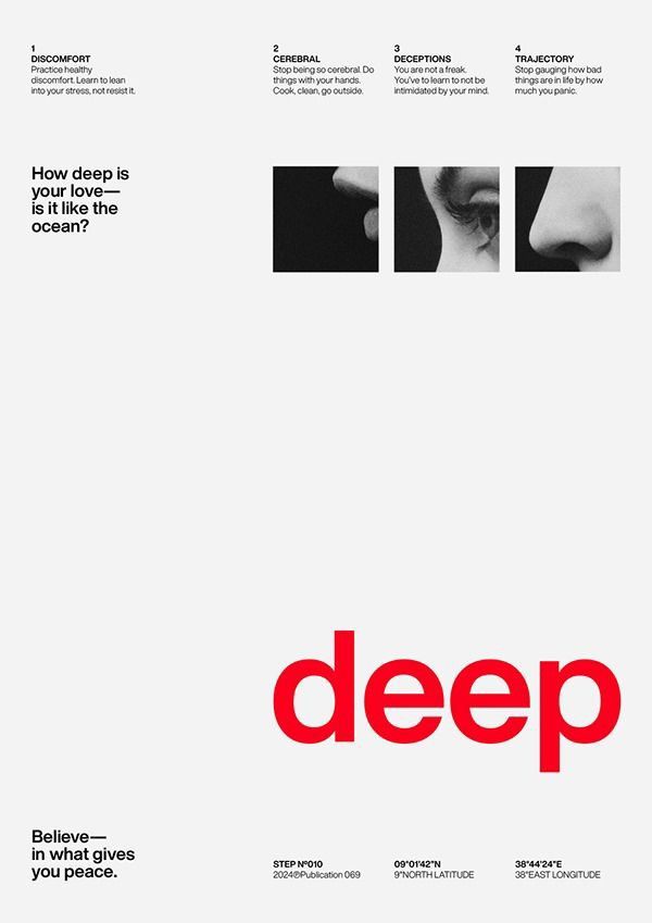 A minimalist editorial design featuring stark black-and-white photography paired with bold red typography. The layout employs generous whitespace and a clean grid system, creating a sophisticated and contemplative visual narrative around the concept of depth and emotional introspection.