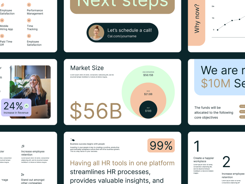 The image displays a series of clean, modern presentation slides or dashboard elements characterized by ample white space and soft, muted color accents. The design emphasizes clear data visualization through large numbers and simple graphical elements, conveying a professional and organized feel.